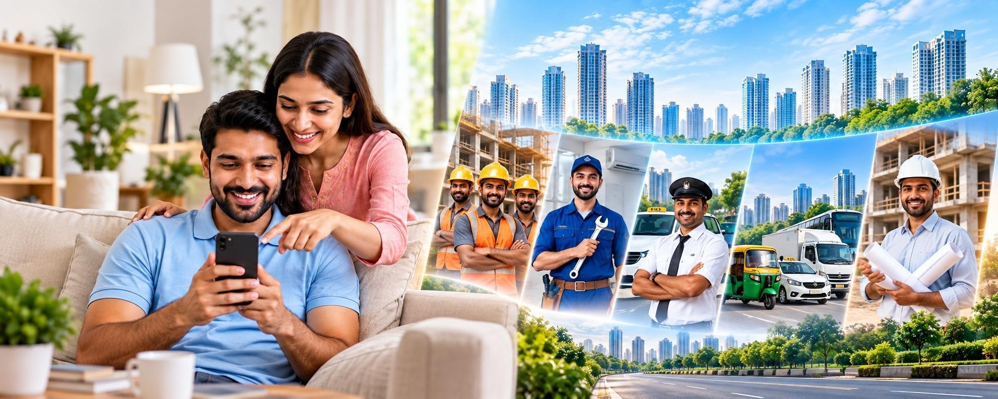 Happy Indian family booking services at home